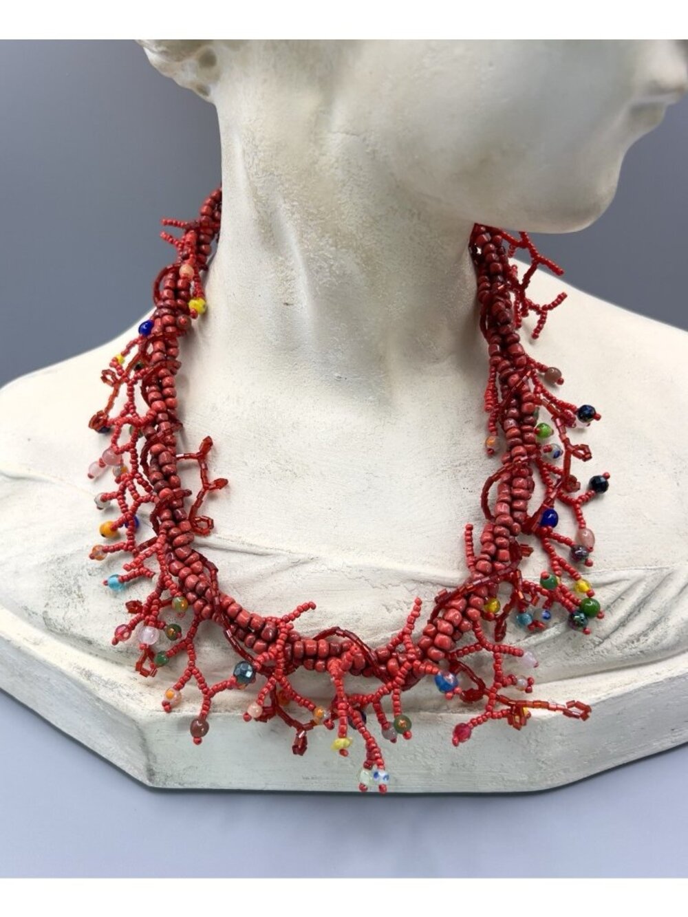 Artisan Statement Red Glass Seed Bead Necklace